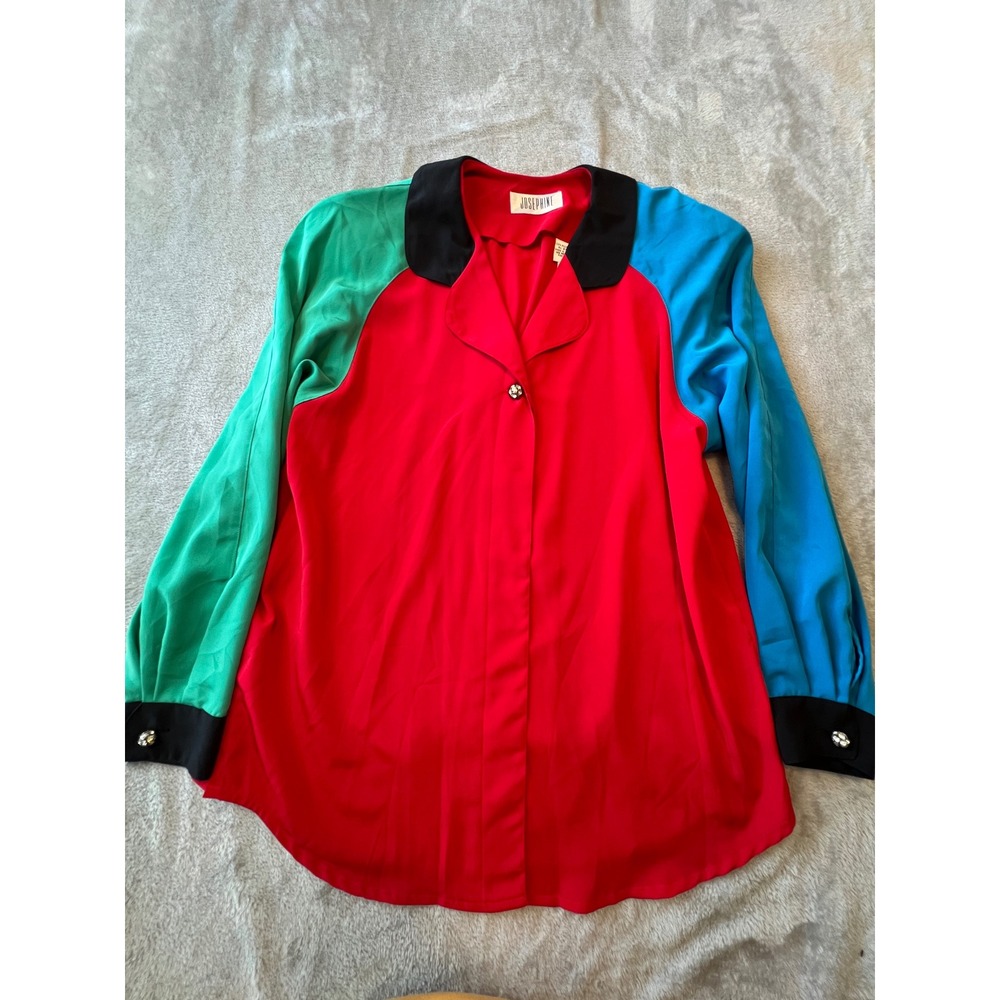 Josephine Colorblock Blouse Women 14 Red Blue Green Vintage Shoulder Pads